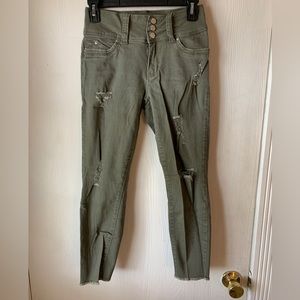 YMI Army Green Cropped Distressed Ankle Skinny Jeans, Size 5